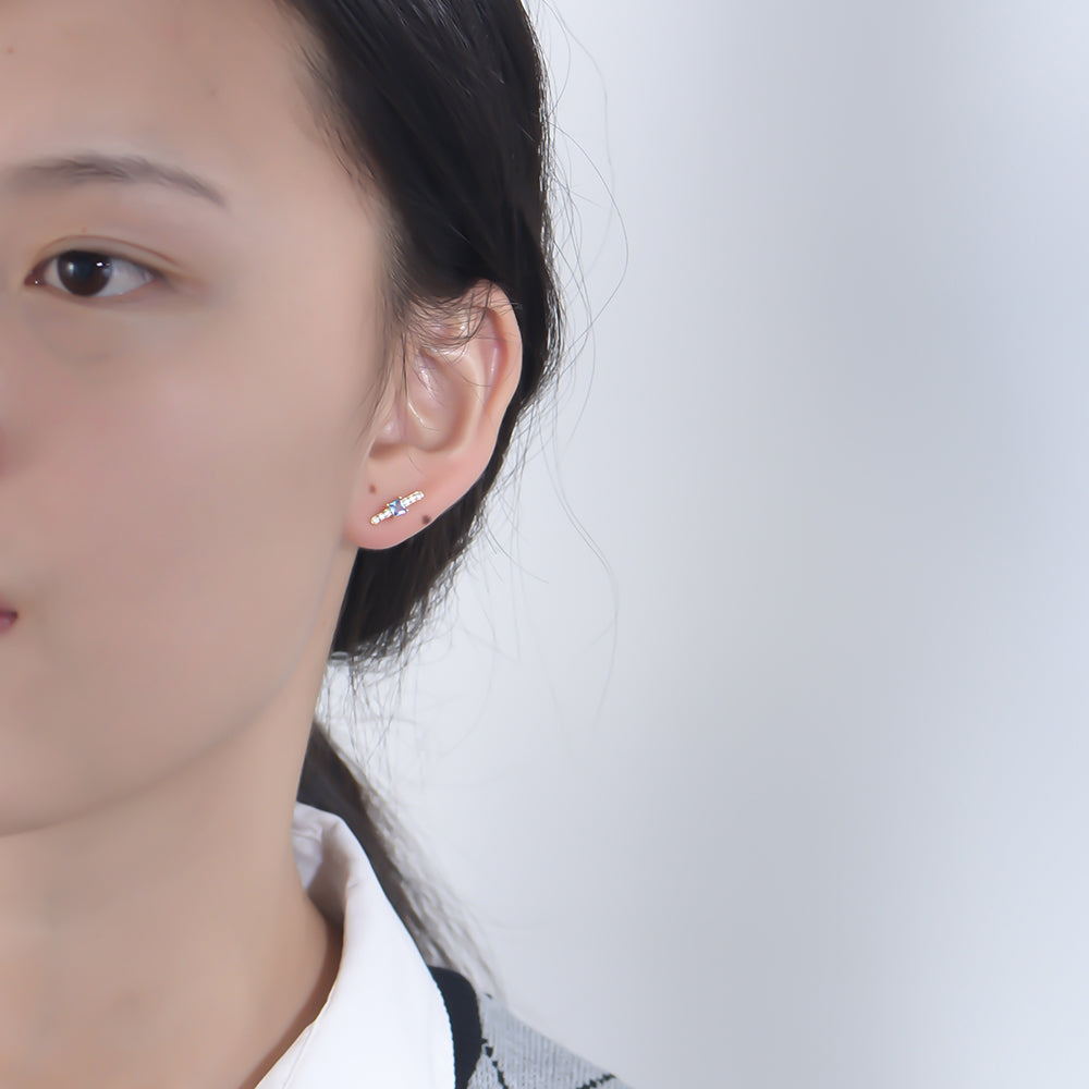 Minimalist Geometric Cubic Zircon Bar 925 Silver Stud Earrings