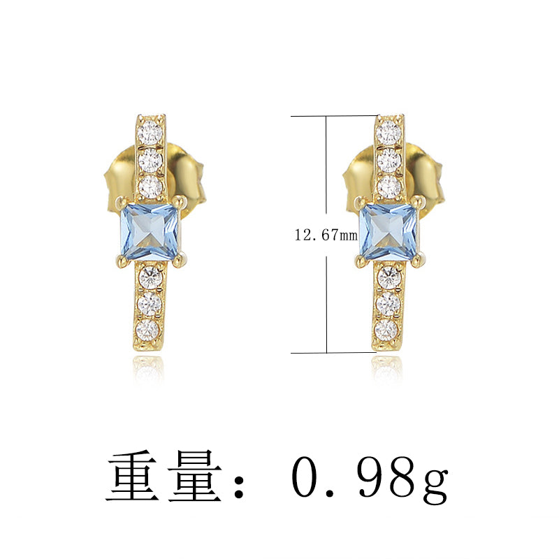 Gold Plated Minimalist Geometric Cubic Zircon Bar 925 Silver Stud Earrings