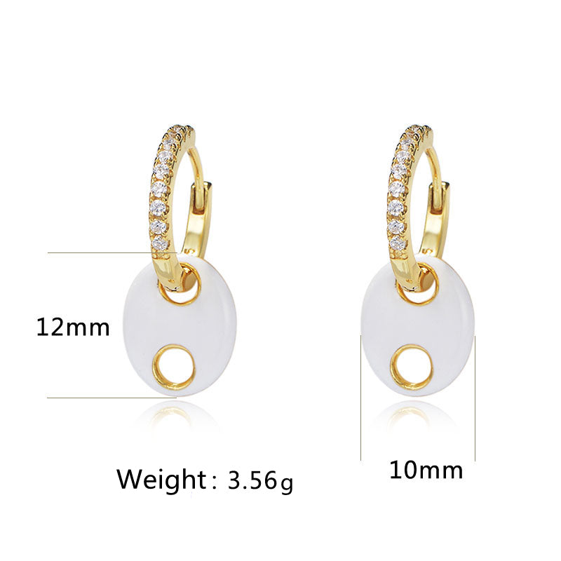 925 Silver Gold Plated Cubic Zirconia Geometric Enamel Double Hole Pig Nose Hoop Earrings