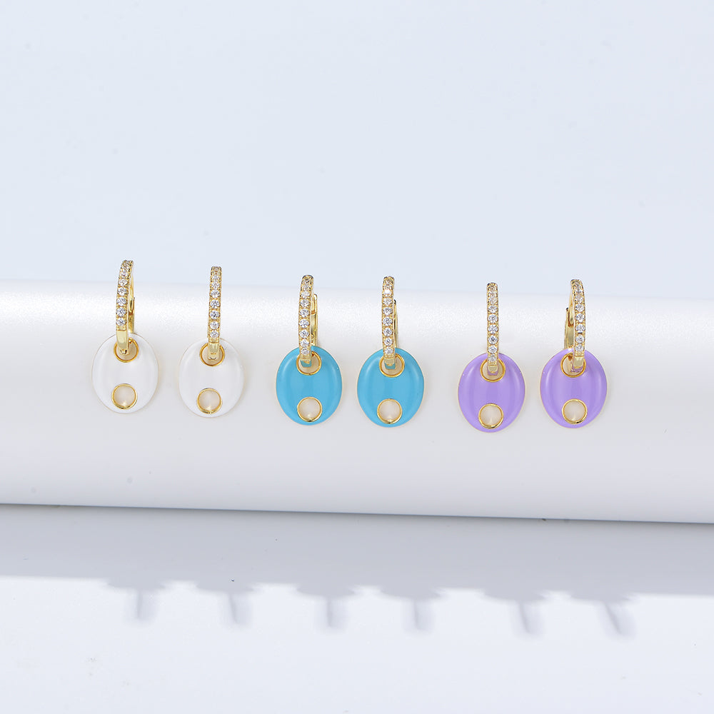 Cubic Zirconia Geometric Enamel Double Hole Pig Nose Hoop Earrings