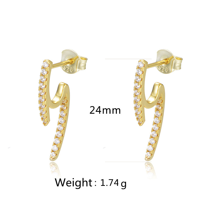 Fashion S925 Silver Jewelry Gold Plated Cubic Zirconia Lightning Bolt Stud Earrings