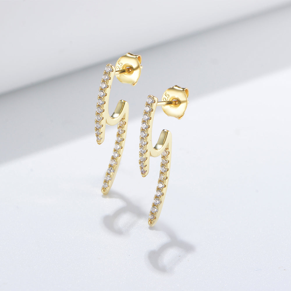 Fashion S925 Silver Jewelry Gold Plated Cubic Zirconia Lightning Bolt Stud Earrings