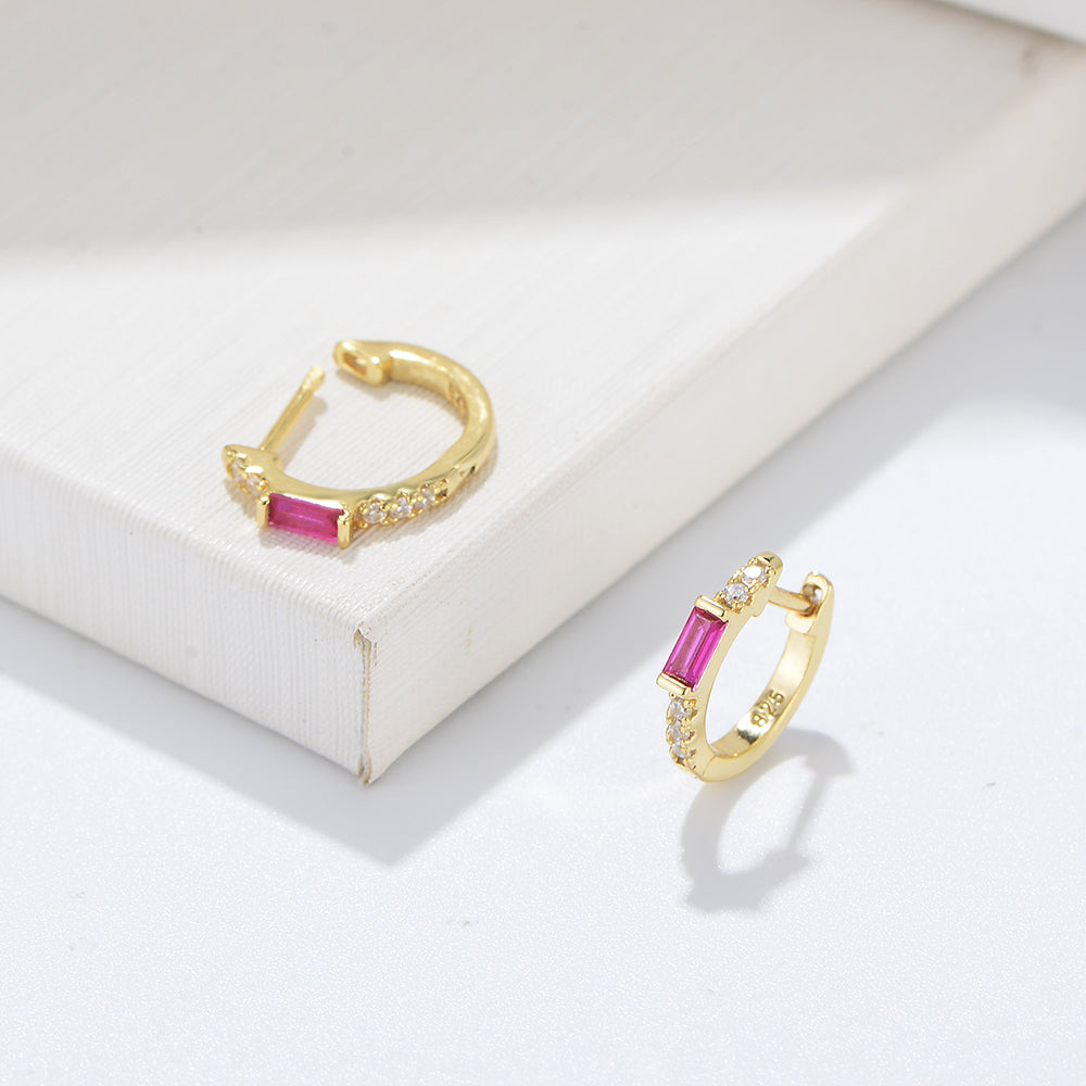 Fine Jewelry Gold Plated Ruby Cubic Zirconia Huggie Earrings