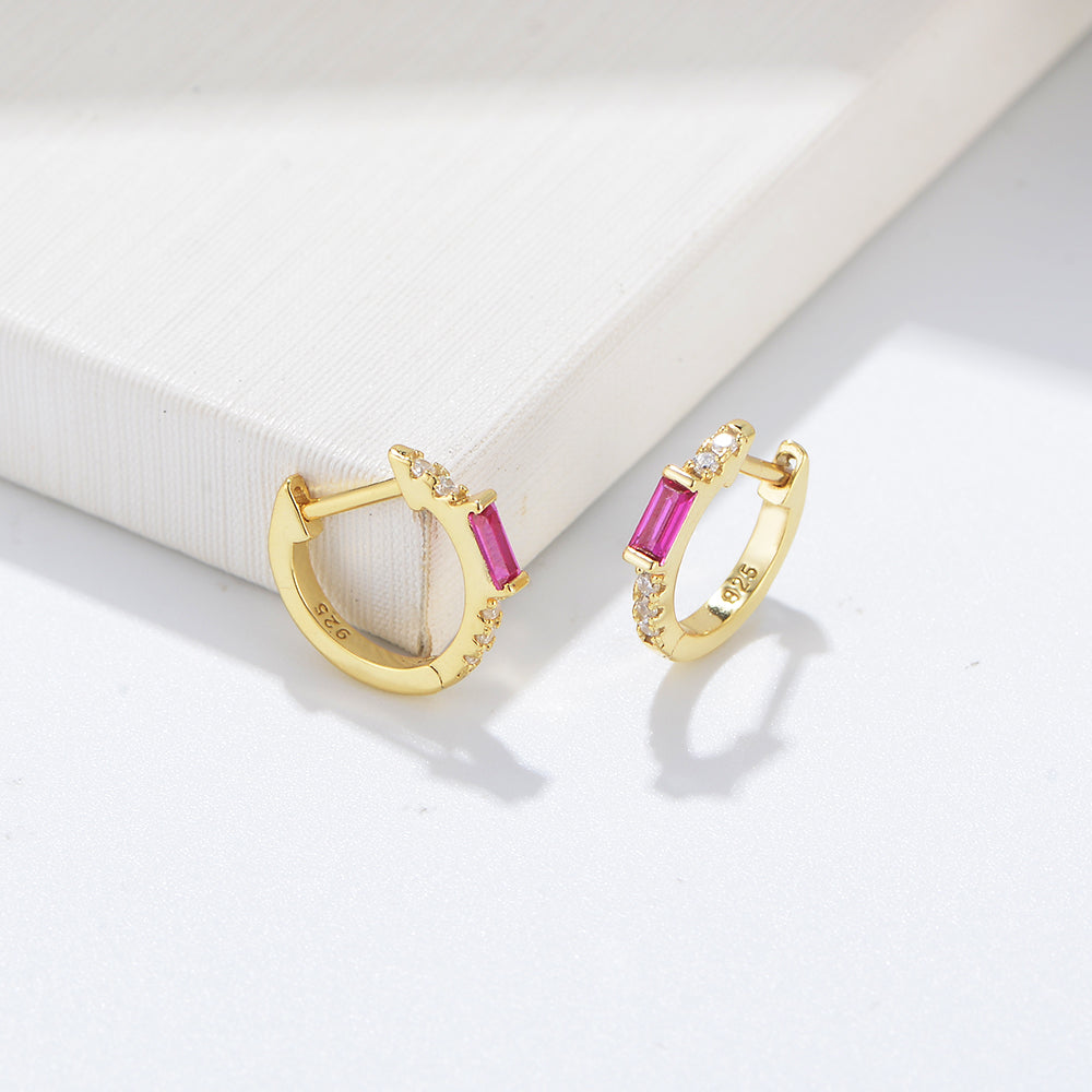 Fine Jewelry Gold Plated Ruby Cubic Zirconia Huggie Earrings