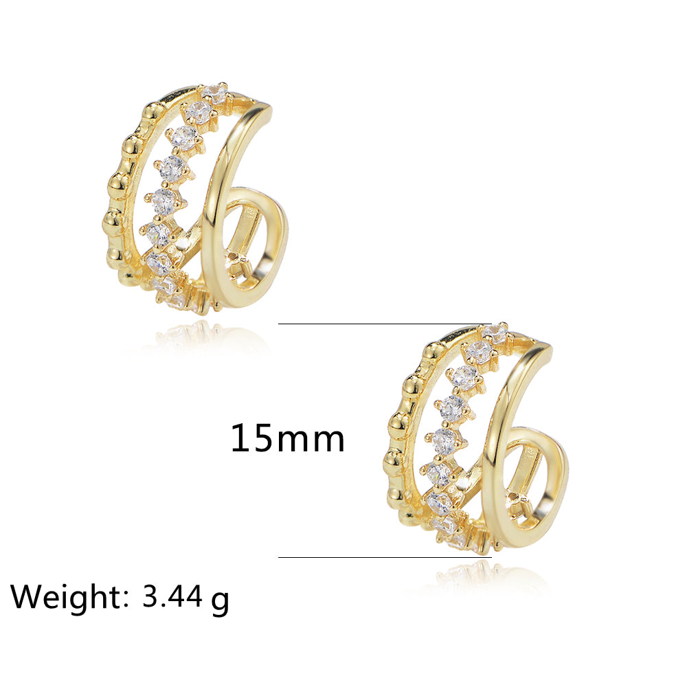 S925 Sterling Silver C-Shaped Princess Style 3 Line Zircon NO Pierced Cuff Earrings