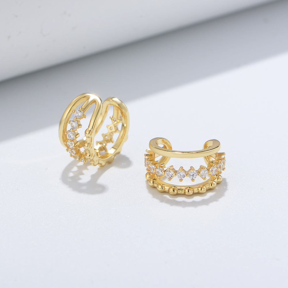 S925 Sterling Silver C-Shaped Princess Style 3 Line Zircon NO Pierced Cuff Earrings