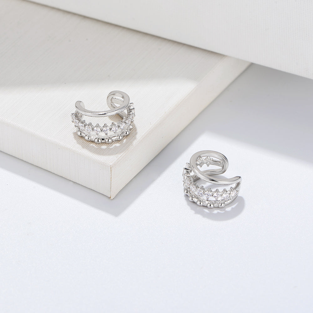 S925 Sterling Silver C-Shaped Princess Style 3 Line Zircon NO Pierced Cuff Earrings