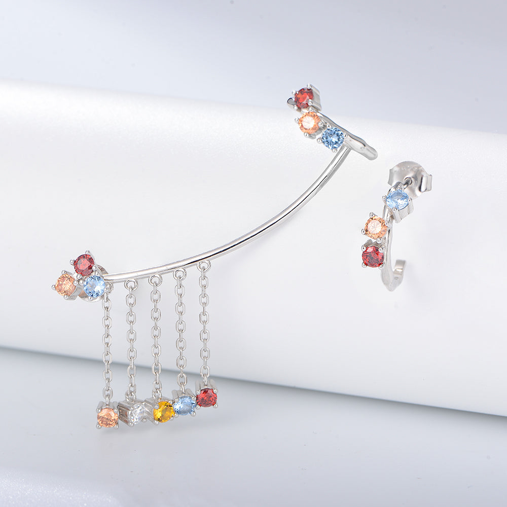 Fashion Colorful Cubic Zircon Chain Tassel Cuff Earring