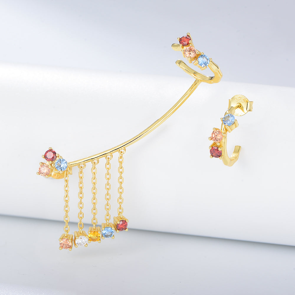 Fashion Colorful Cubic Zircon Chain Tassel Cuff Earring