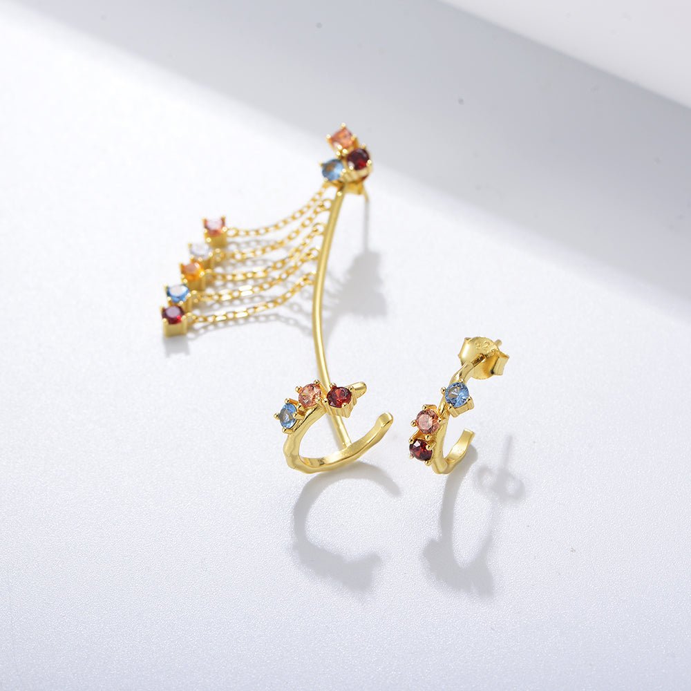 Fashion Colorful Cubic Zircon Chain Tassel Cuff Earring