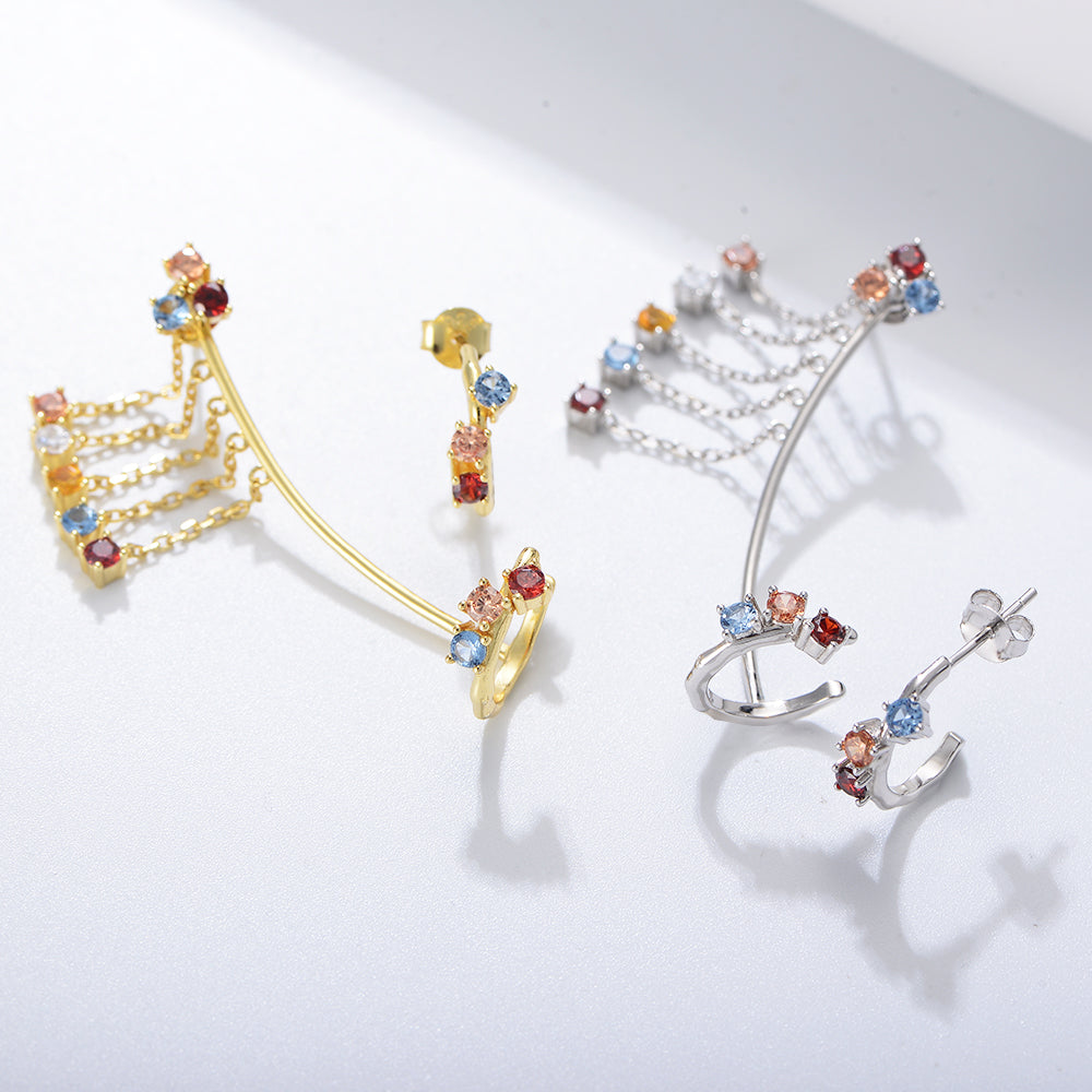 Fashion Colorful Cubic Zircon Chain Tassel Cuff Earring