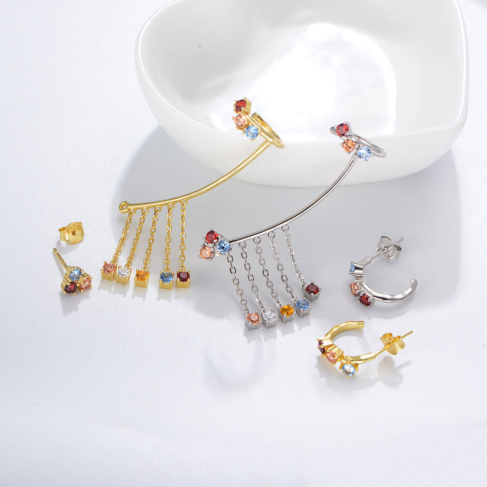 Fashion Colorful Cubic Zircon Chain Tassel Cuff Earring