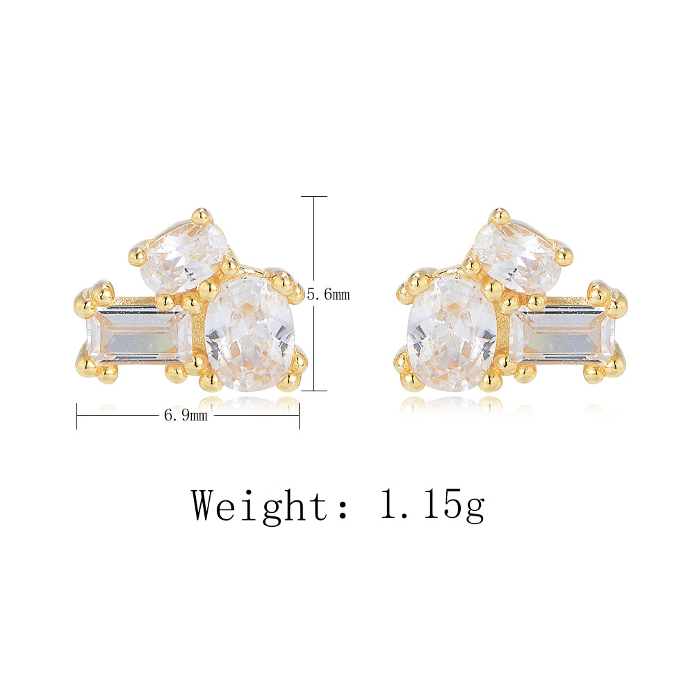 Simple Design 14K Gold Plated 925 Sterling Silver Geometric Zircon Stud Earrings