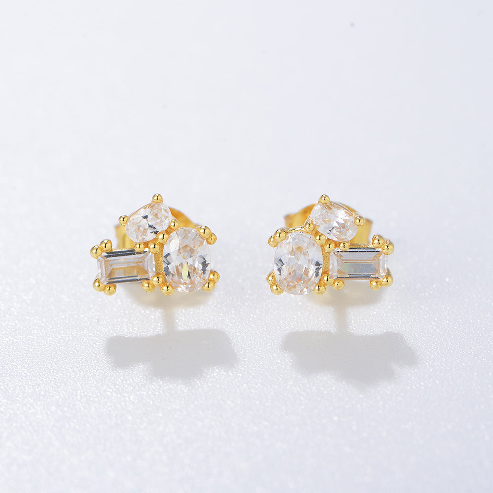 Simple Design 14K Gold Plated 925 Sterling Silver Geometric Zircon Stud Earrings