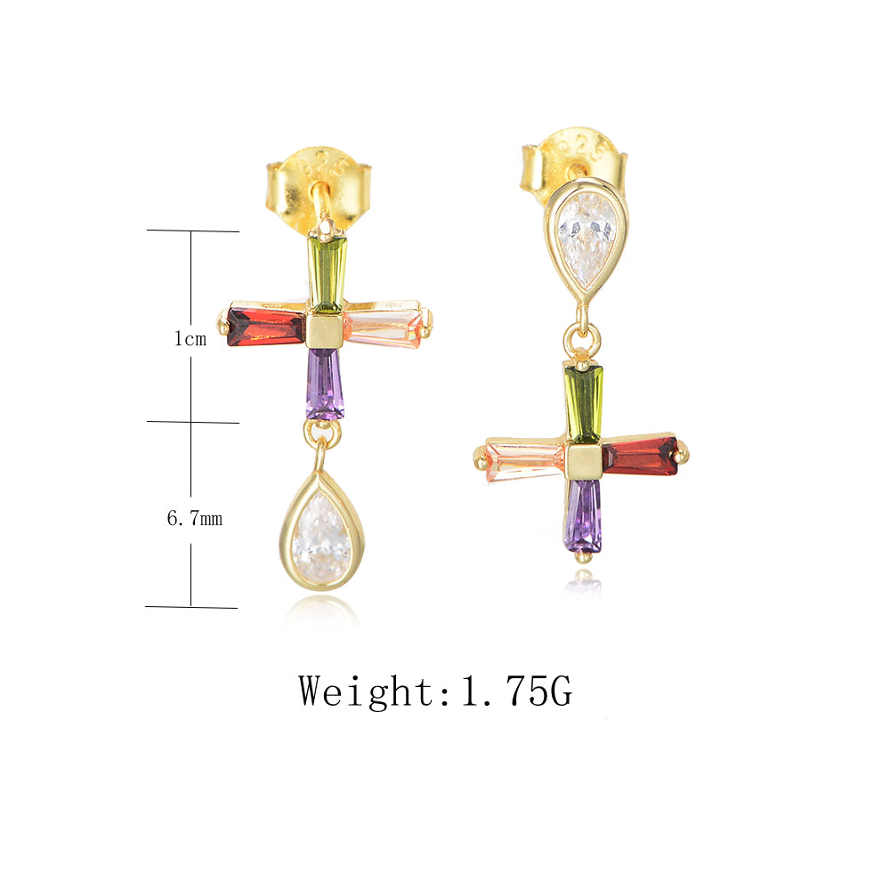 Fine Jewelry S925 Silver Gold Plated Colorful Zircon CZ Diamond Cross Dangle Stud Earrings