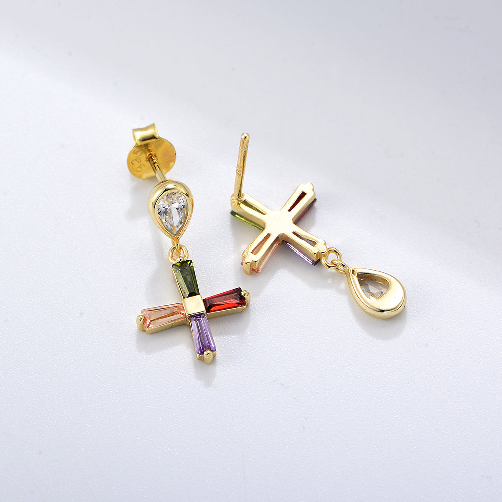Fine Jewelry  Colorful Zircon CZ Diamond Cross Dangle Stud Earrings