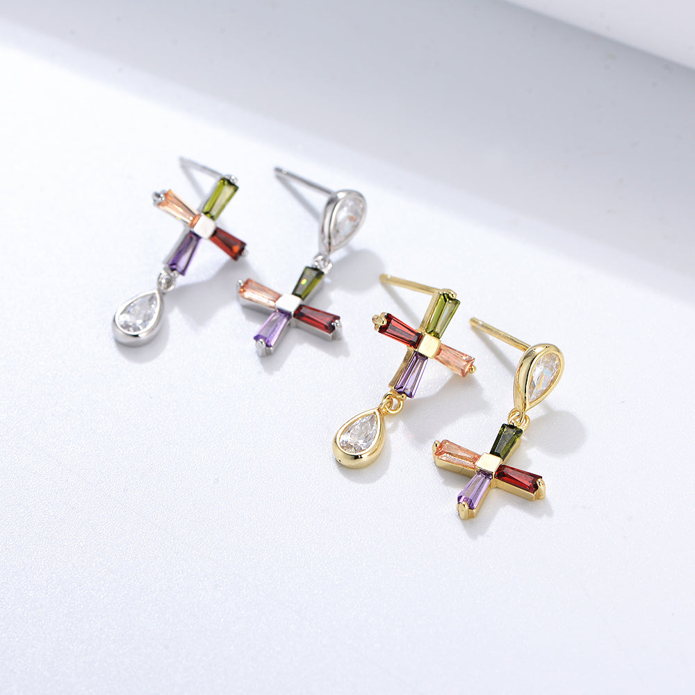 Fine Jewelry  Colorful Zircon CZ Diamond Cross Dangle Stud Earrings