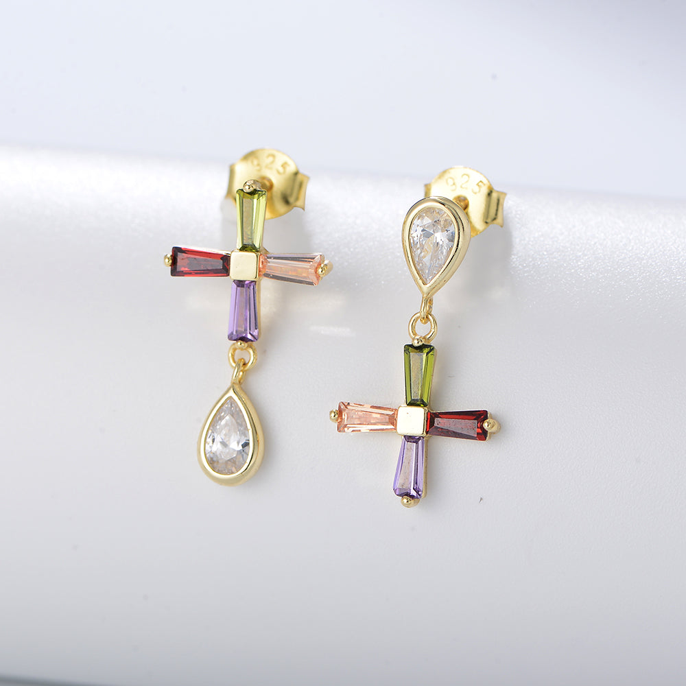 Fine Jewelry S925 Silver Gold Plated Colorful Zircon CZ Diamond Cross Dangle Stud Earrings