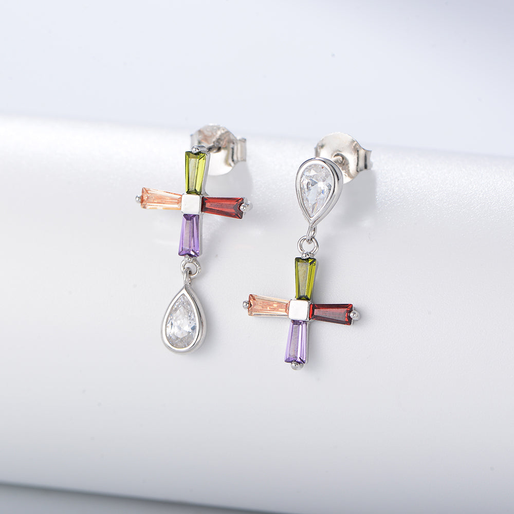 Fine Jewelry  Colorful Zircon CZ Diamond Cross Dangle Stud Earrings