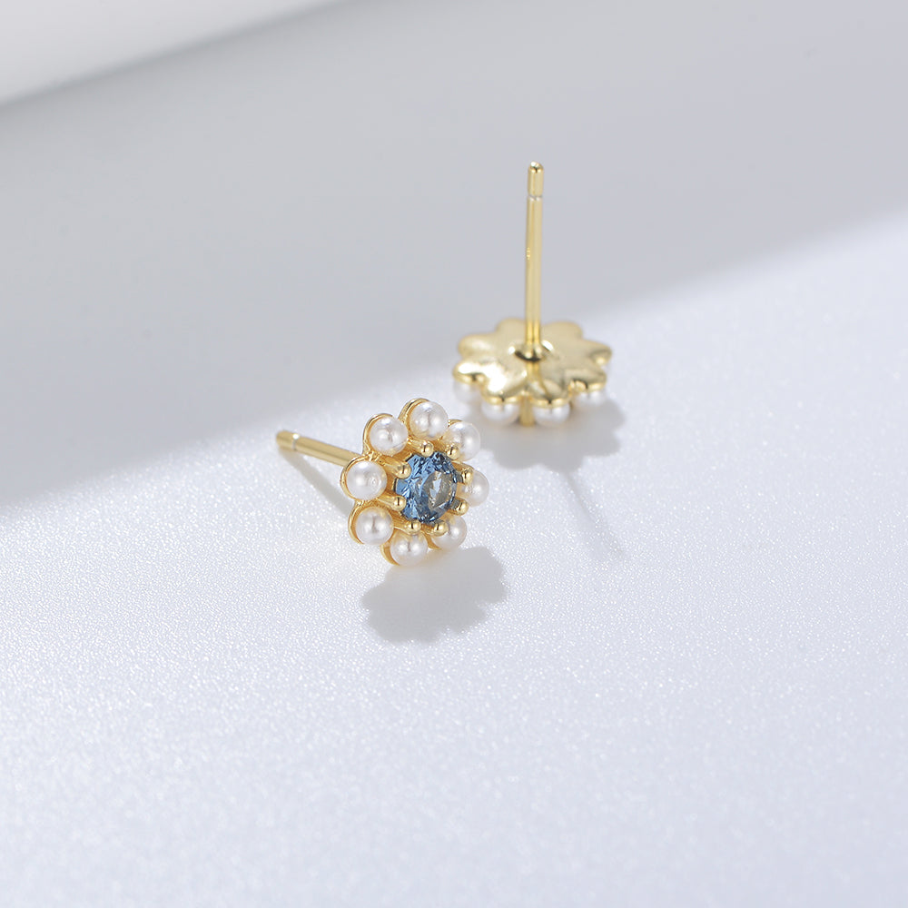 New Fashion  Blue Zircon Pearl Flower Lovely Stud Earrings