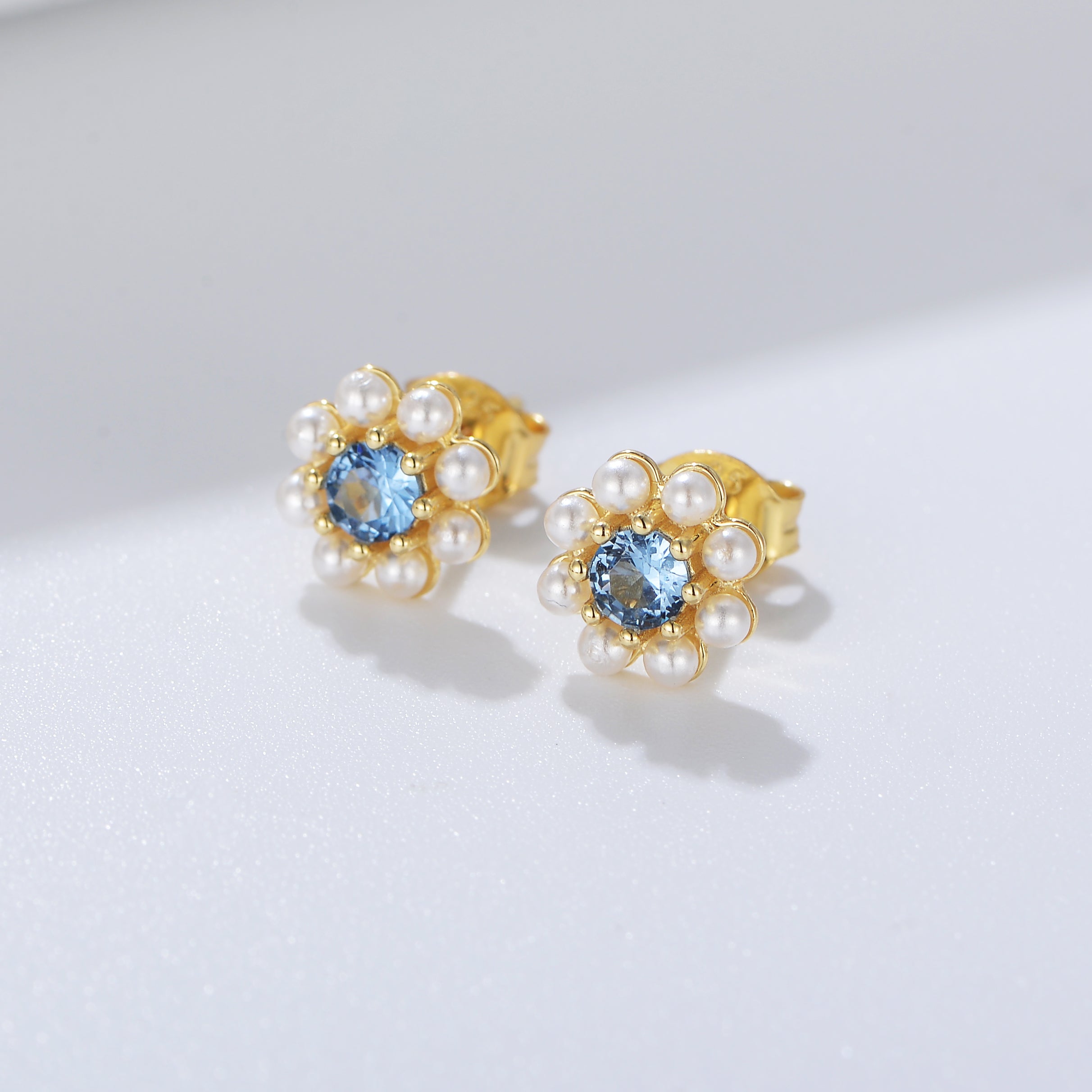 New Fashion  Blue Zircon Pearl Flower Lovely Stud Earrings