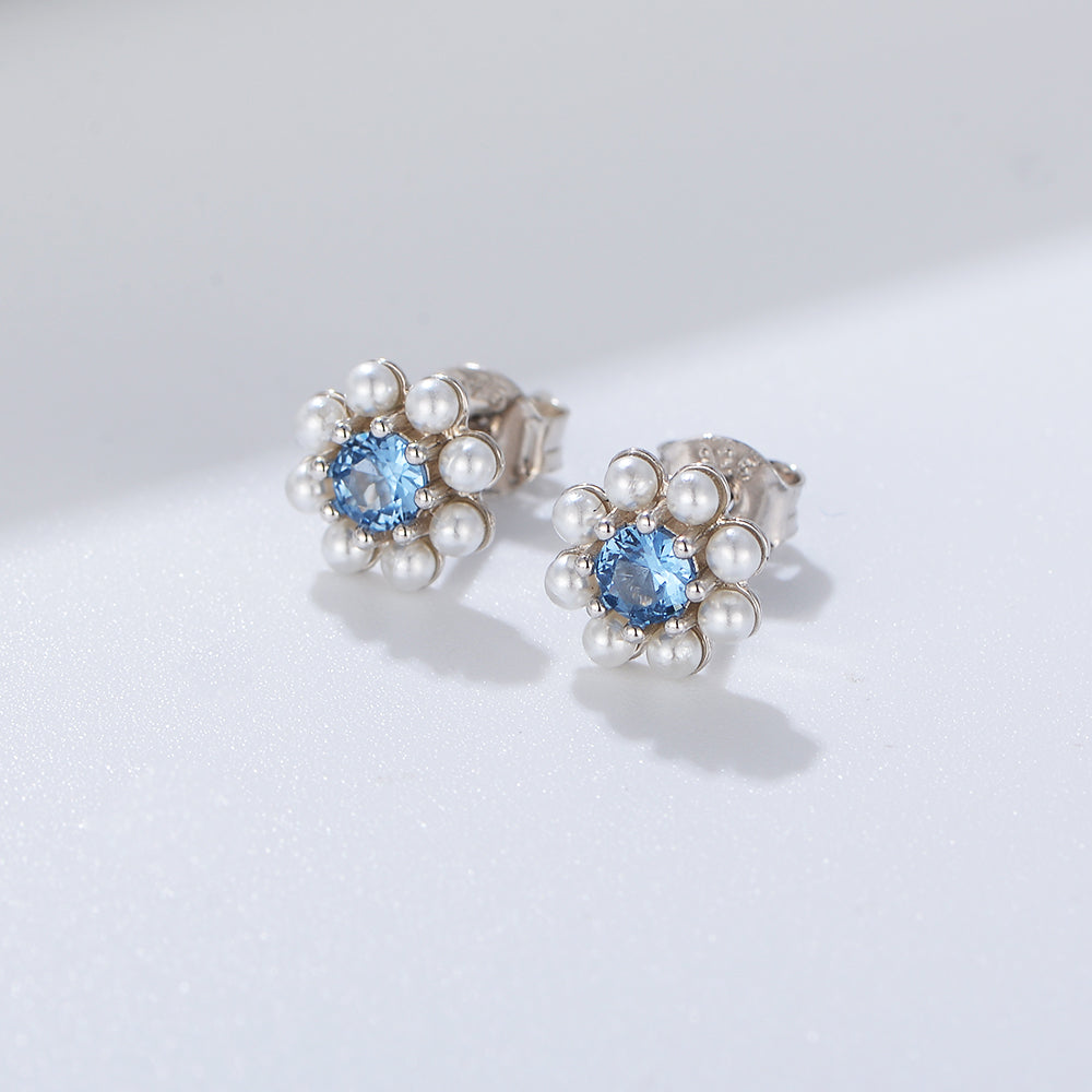 New Fashion  Blue Zircon Pearl Flower Lovely Stud Earrings