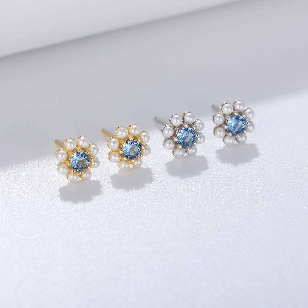 New Fashion  Blue Zircon Pearl Flower Lovely Stud Earrings