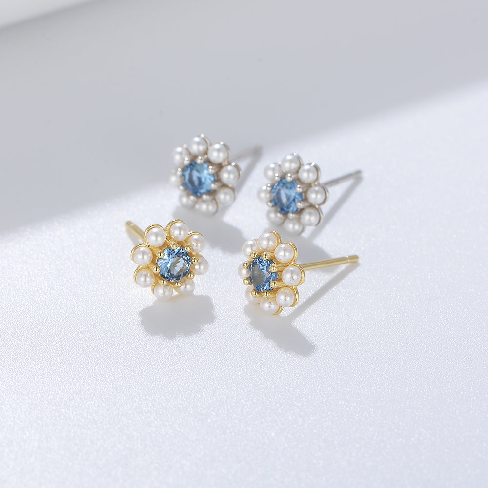 New Fashion  Blue Zircon Pearl Flower Lovely Stud Earrings