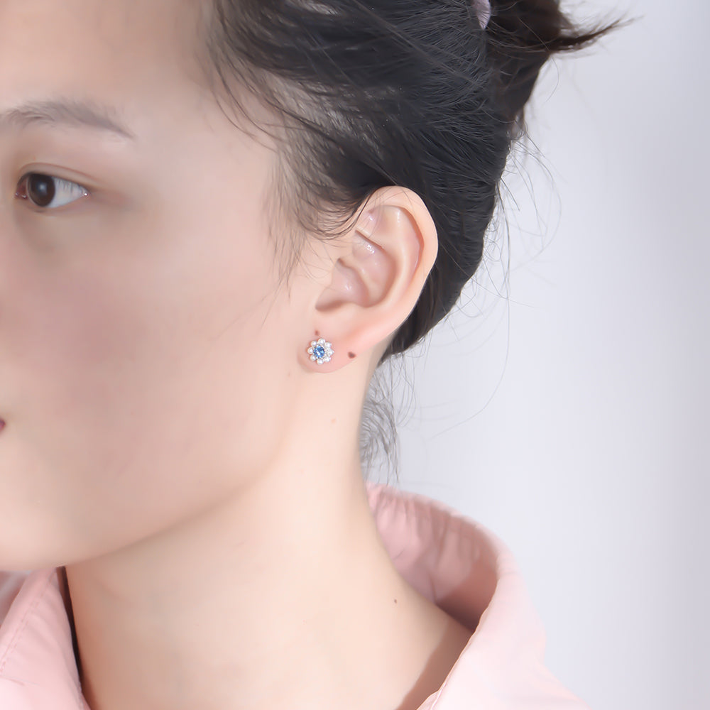 New Fashion  Blue Zircon Pearl Flower Lovely Stud Earrings