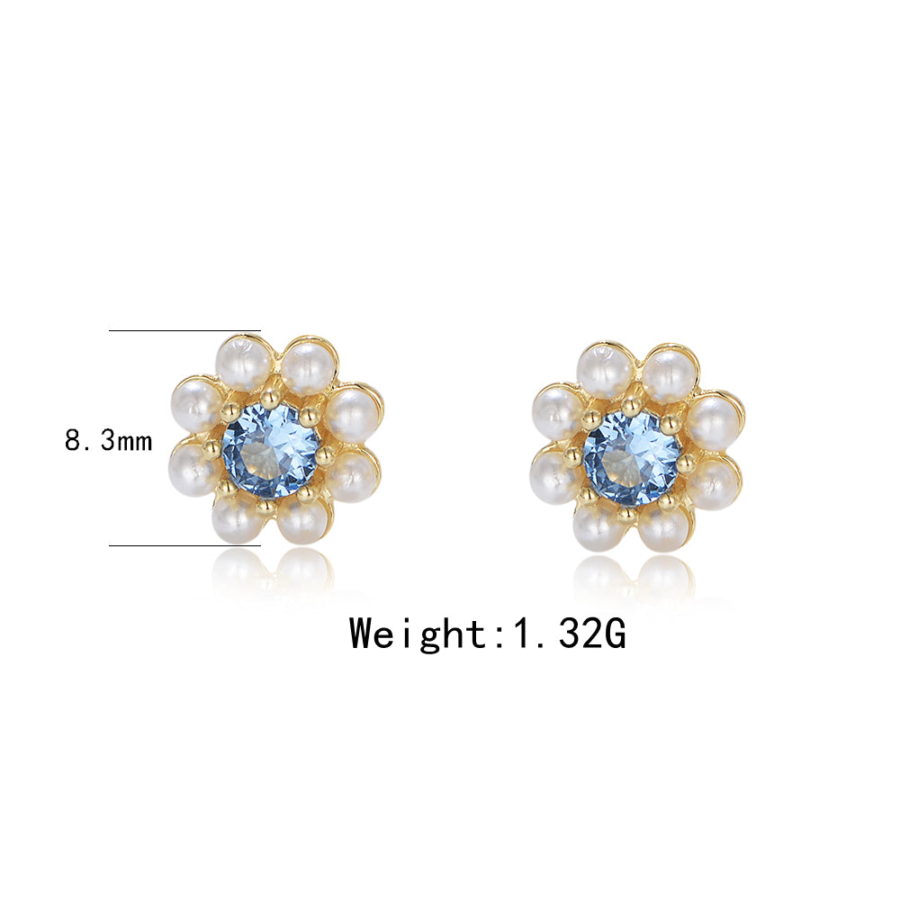 New Fashion 925 Sterling Silver Blue Zircon Pearl Flower Lovely Stud Earrings