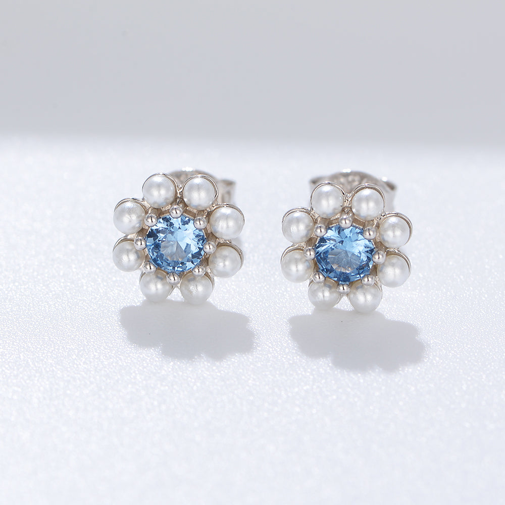 New Fashion  Blue Zircon Pearl Flower Lovely Stud Earrings