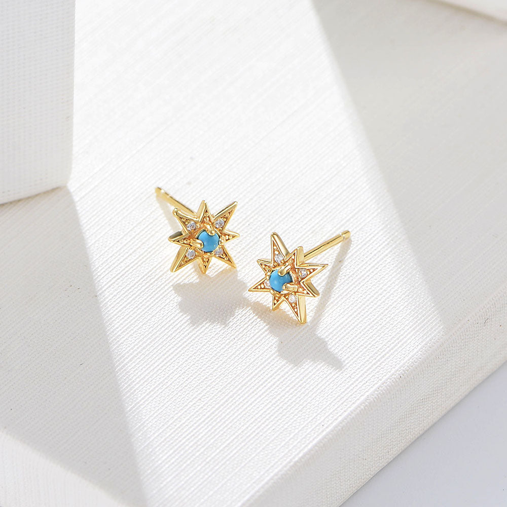 Minimalist  18K Gold Plated Small Sun Turquoise Star Earrings