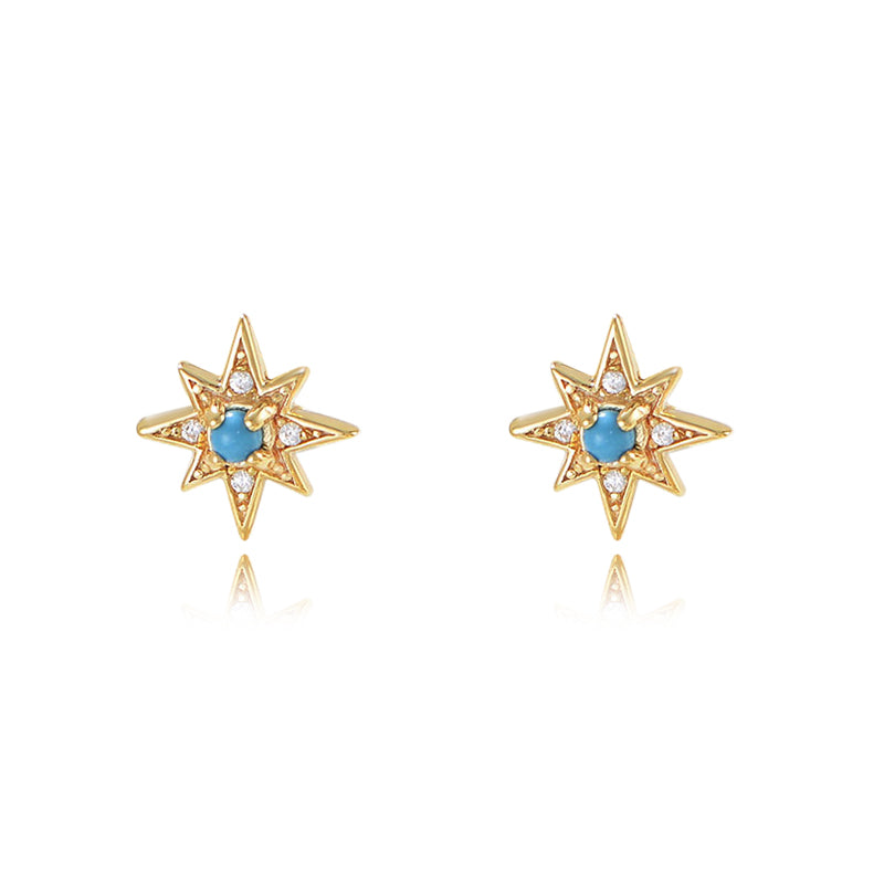 Minimalist S925 Sterling Silver 18K Gold Plated Small Sun Turquoise Star Earrings