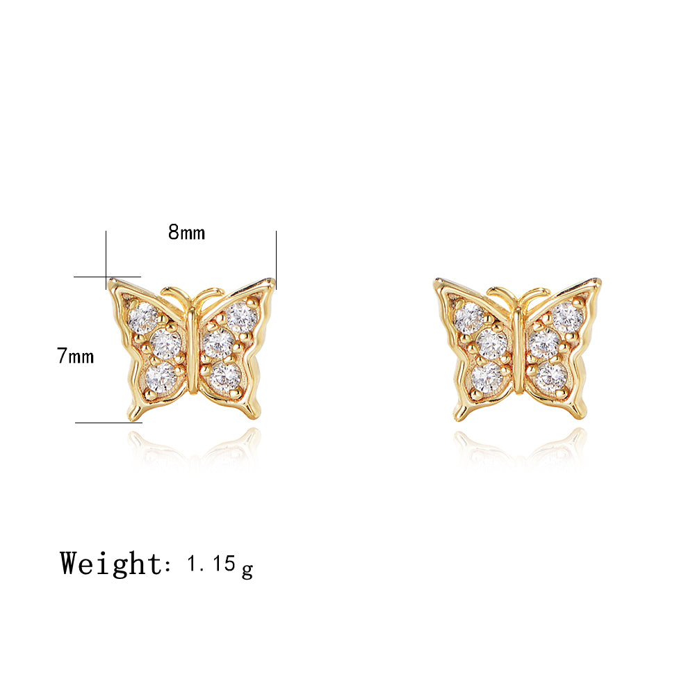 Fashion Jewelry 14K Gold Plated 925 Sterling Silver Cubic Zirconia Butterfly Stud Earrings