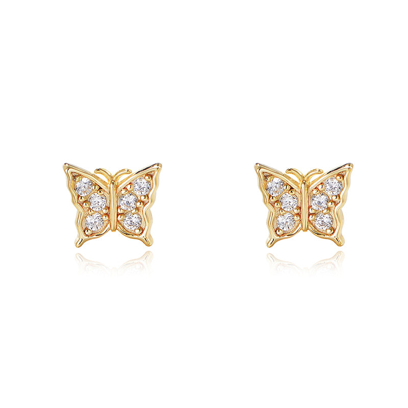 Fashion Jewelry 14K Gold Plated 925 Sterling Silver Cubic Zirconia Butterfly Stud Earrings