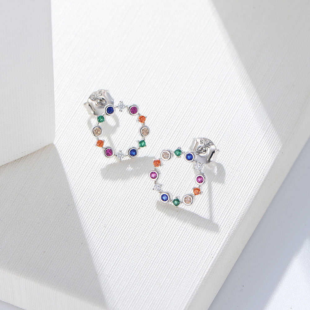Simple Luxury Round Colorful Diamond CZ Sterling Silver Stud Earrings