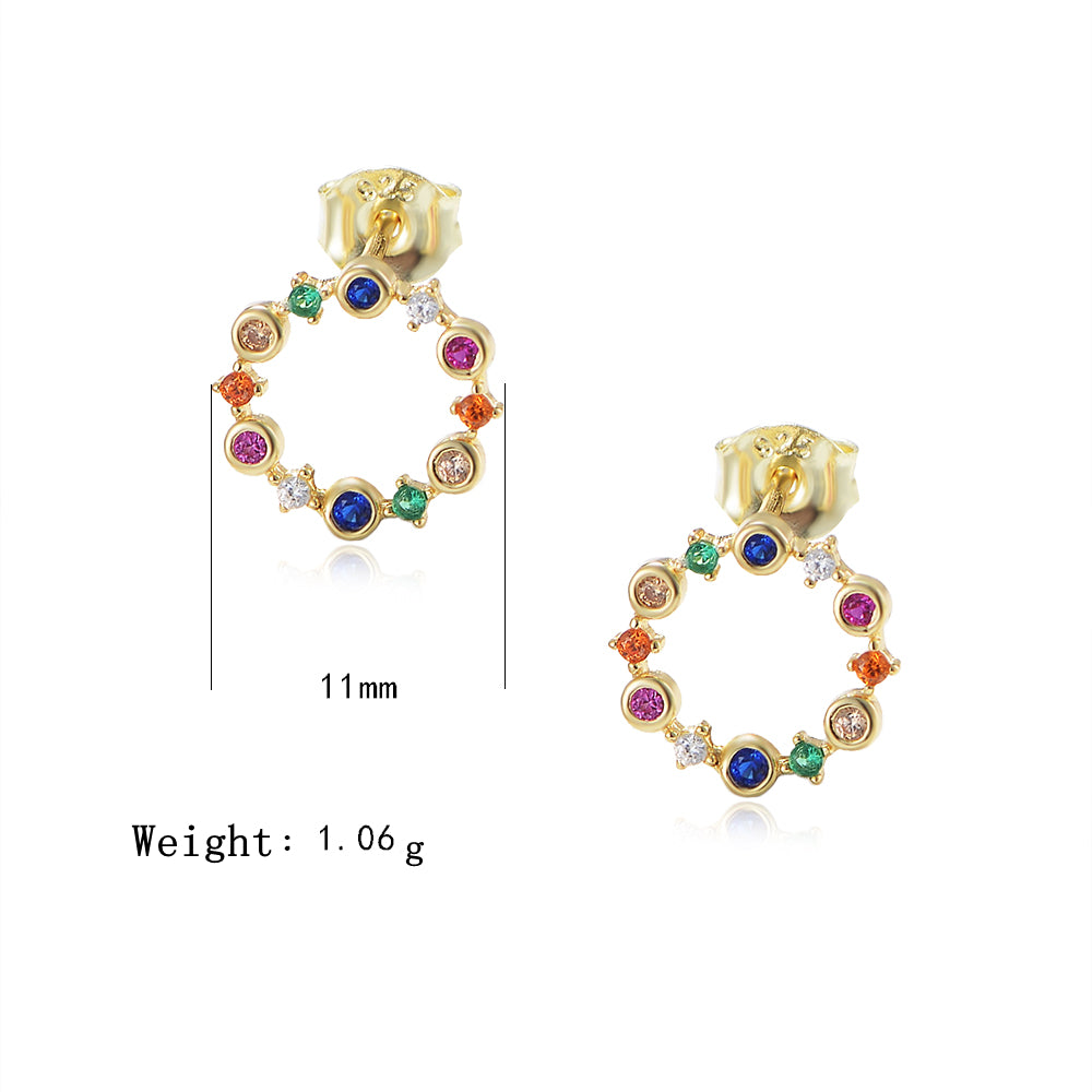 Simple Luxury Round Colorful Diamond CZ Sterling Silver Stud Earrings