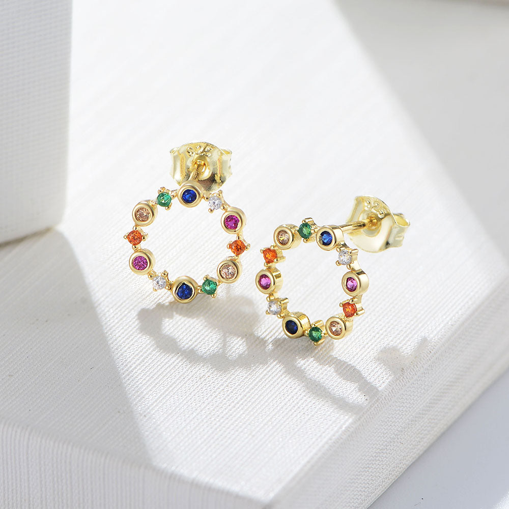 Simple Luxury Round Colorful Diamond CZ Sterling Silver Stud Earrings