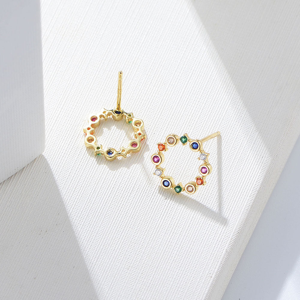 Simple Luxury Round Colorful Diamond CZ Sterling Silver Stud Earrings