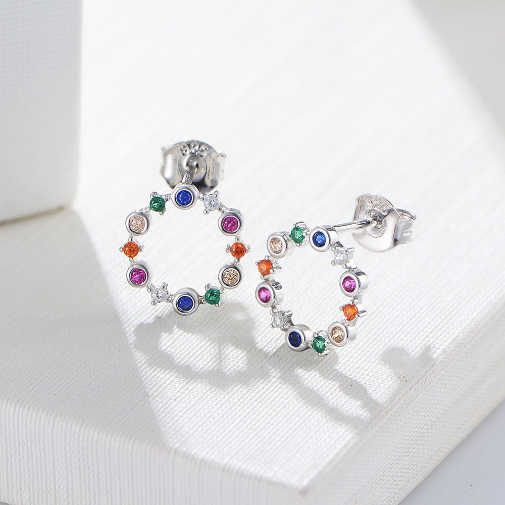 Simple Luxury Round Colorful Diamond CZ Sterling Silver Stud Earrings