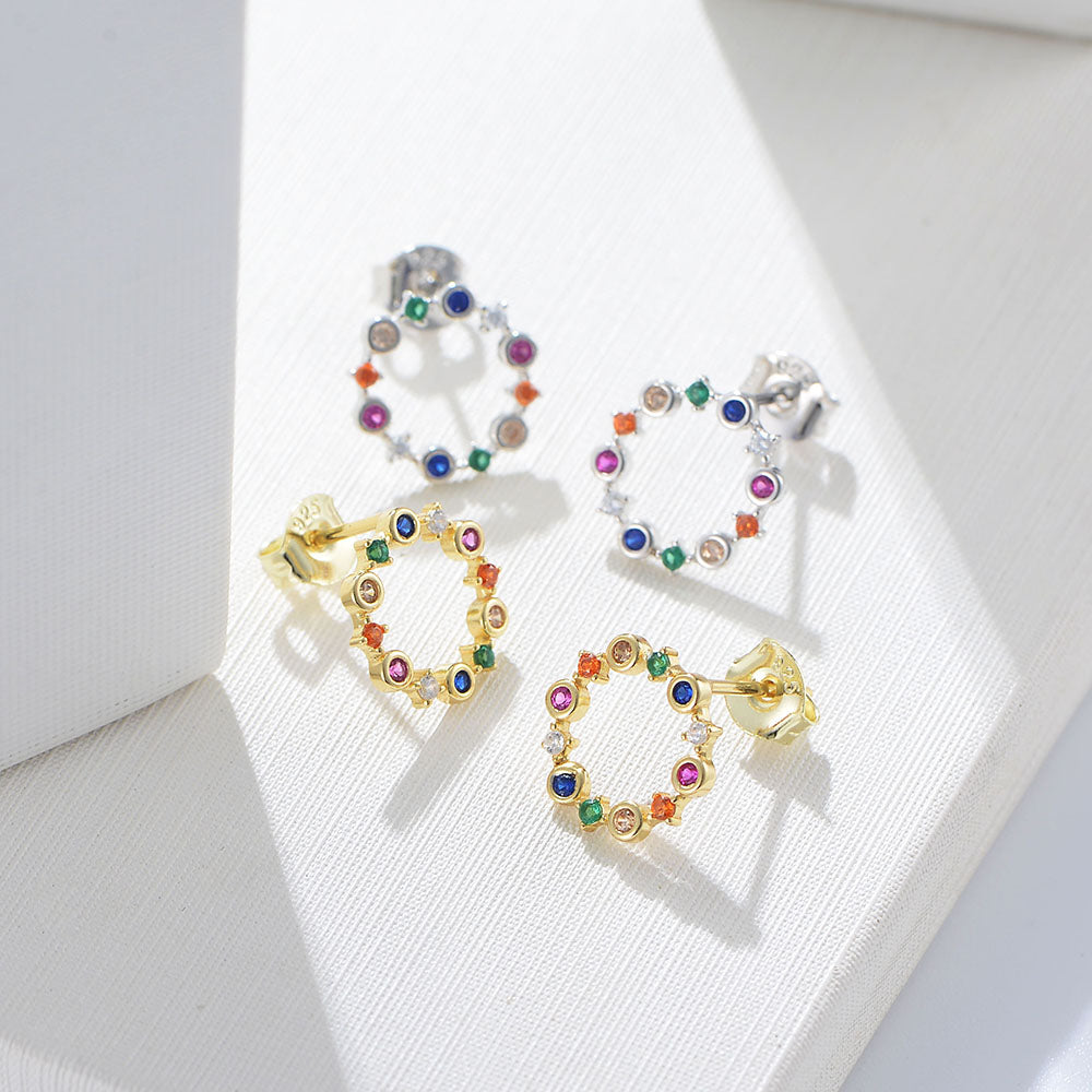 Simple Luxury Round Colorful Diamond CZ Sterling Silver Stud Earrings