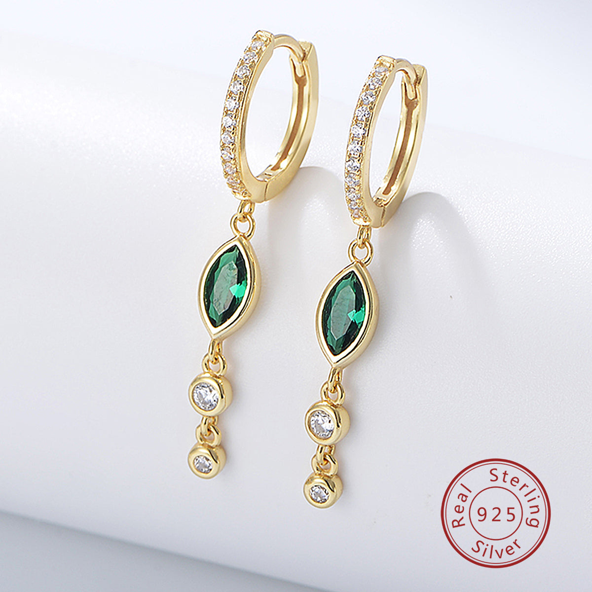 Fashion Marquise Green Cubic Zirconia Long Drop Hoop Earrings