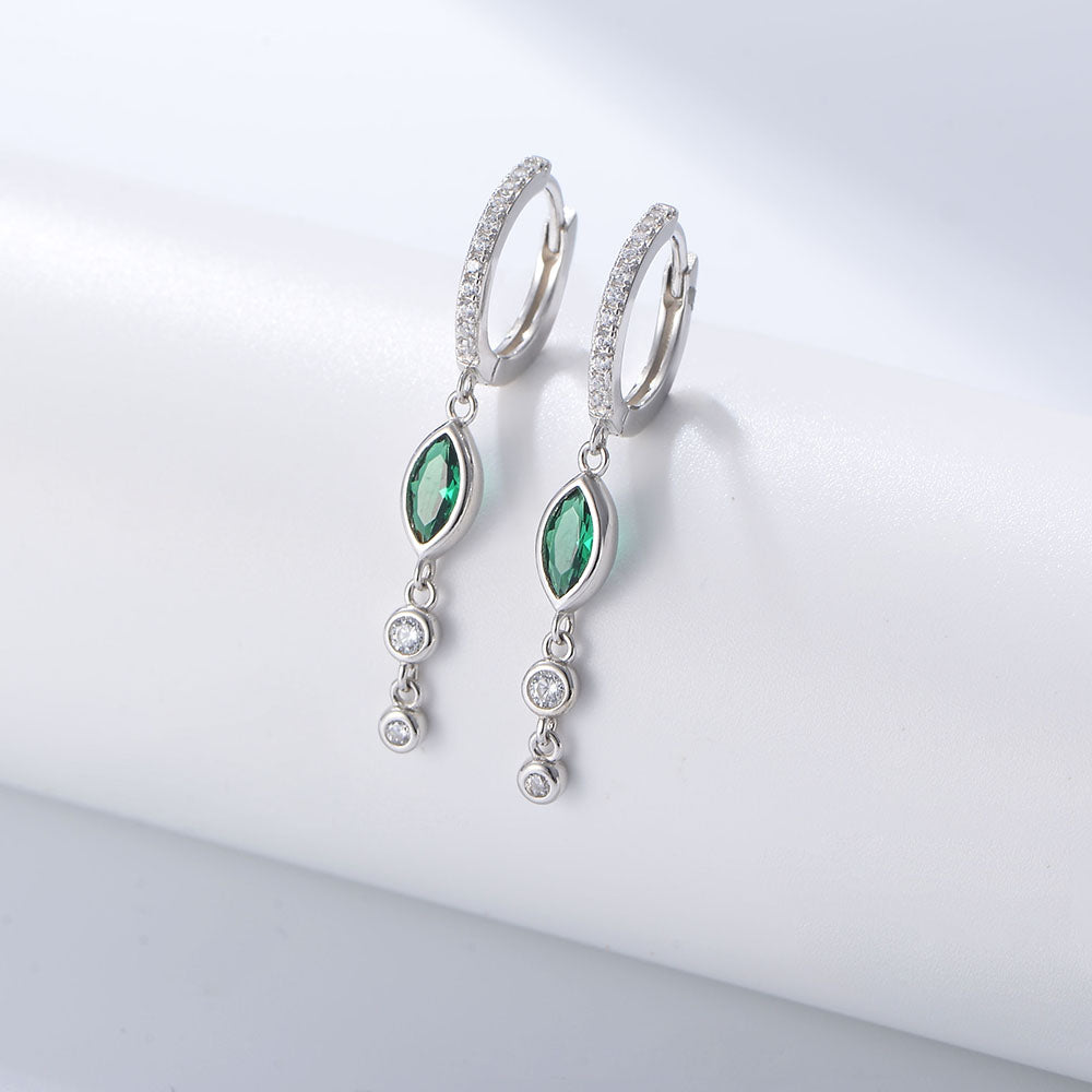 Fashion Marquise Green Cubic Zirconia 925 Silver Long Drop Hoop Earrings