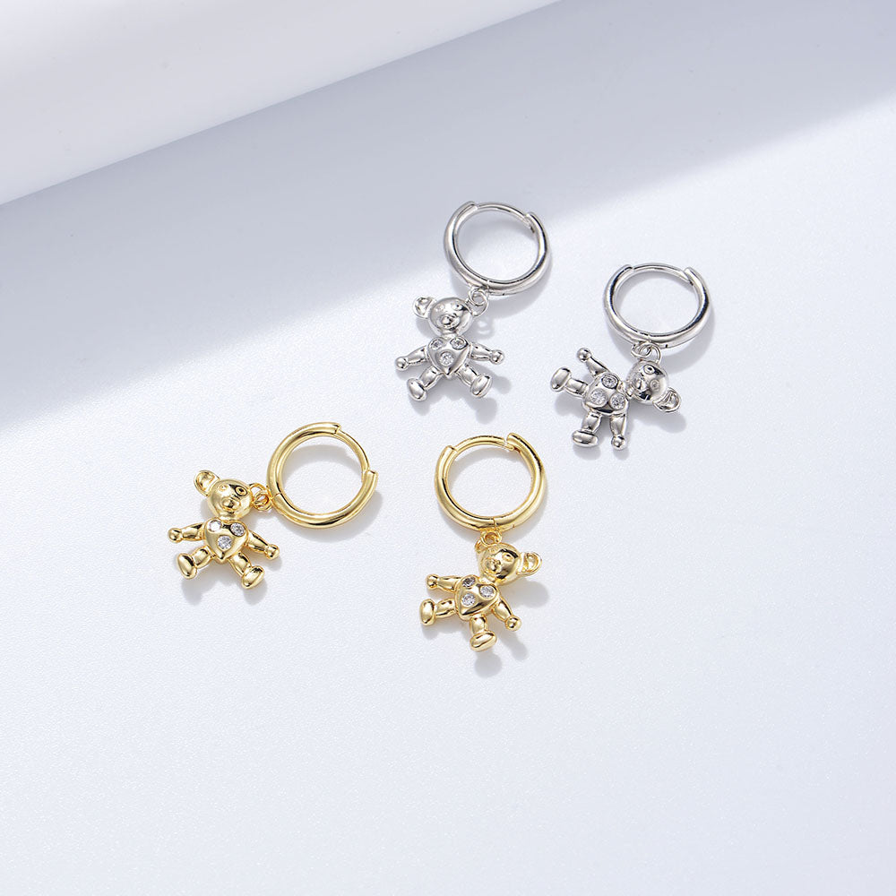 Personalize  Zirconia Lovely Teddy Bear Charm Hoop Earrings