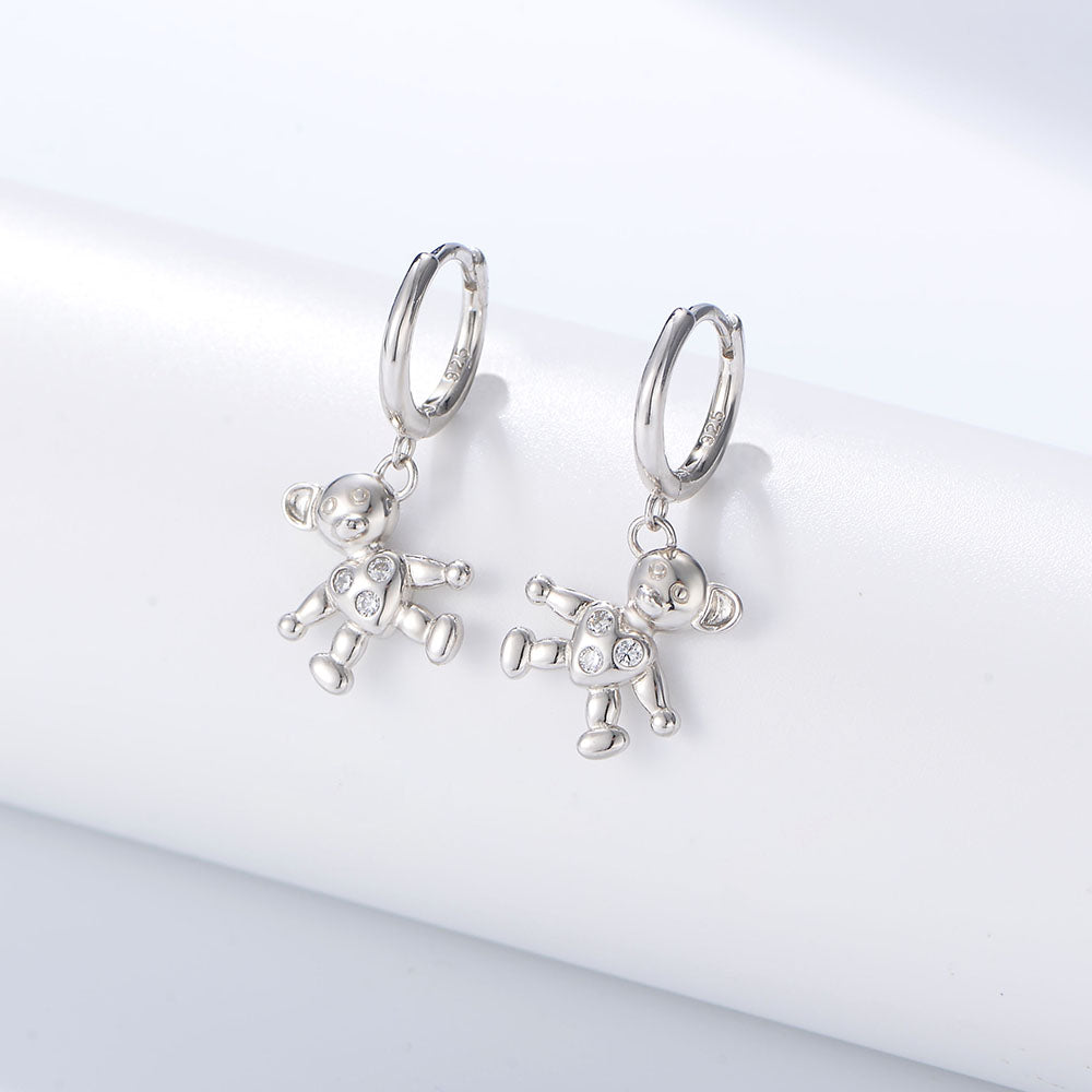 Personalize 925 Sterling Silver Zirconia Lovely Teddy Bear Charm Hoop Earrings