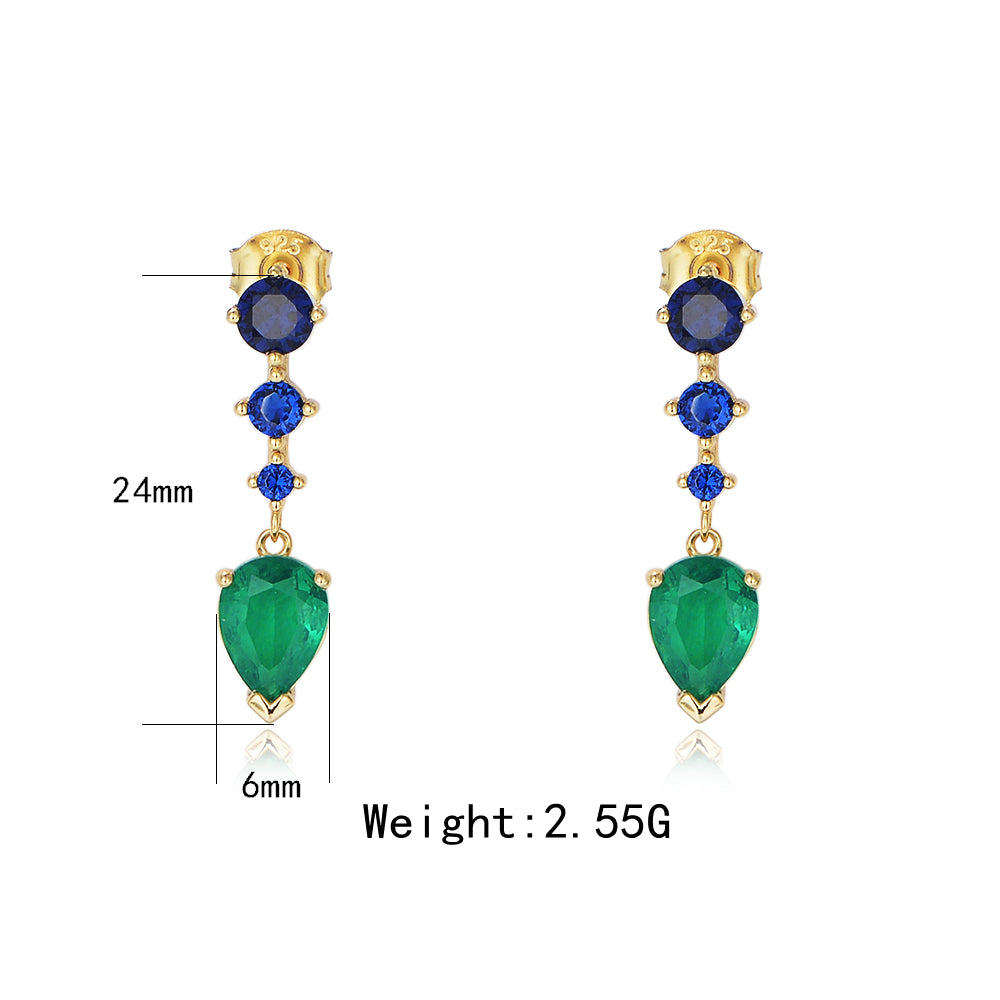 Luxury Trending Design 925 Silver Gold Plated Green Stone Geometric CZ Drop Earrings