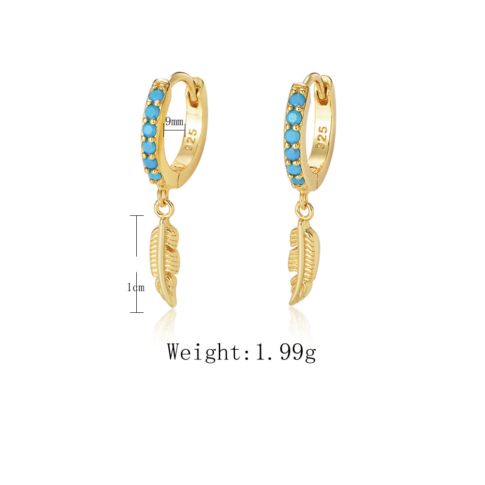 925 Sterling Silver Gold Plated Turquoise Feather Charm Hoop Earrings