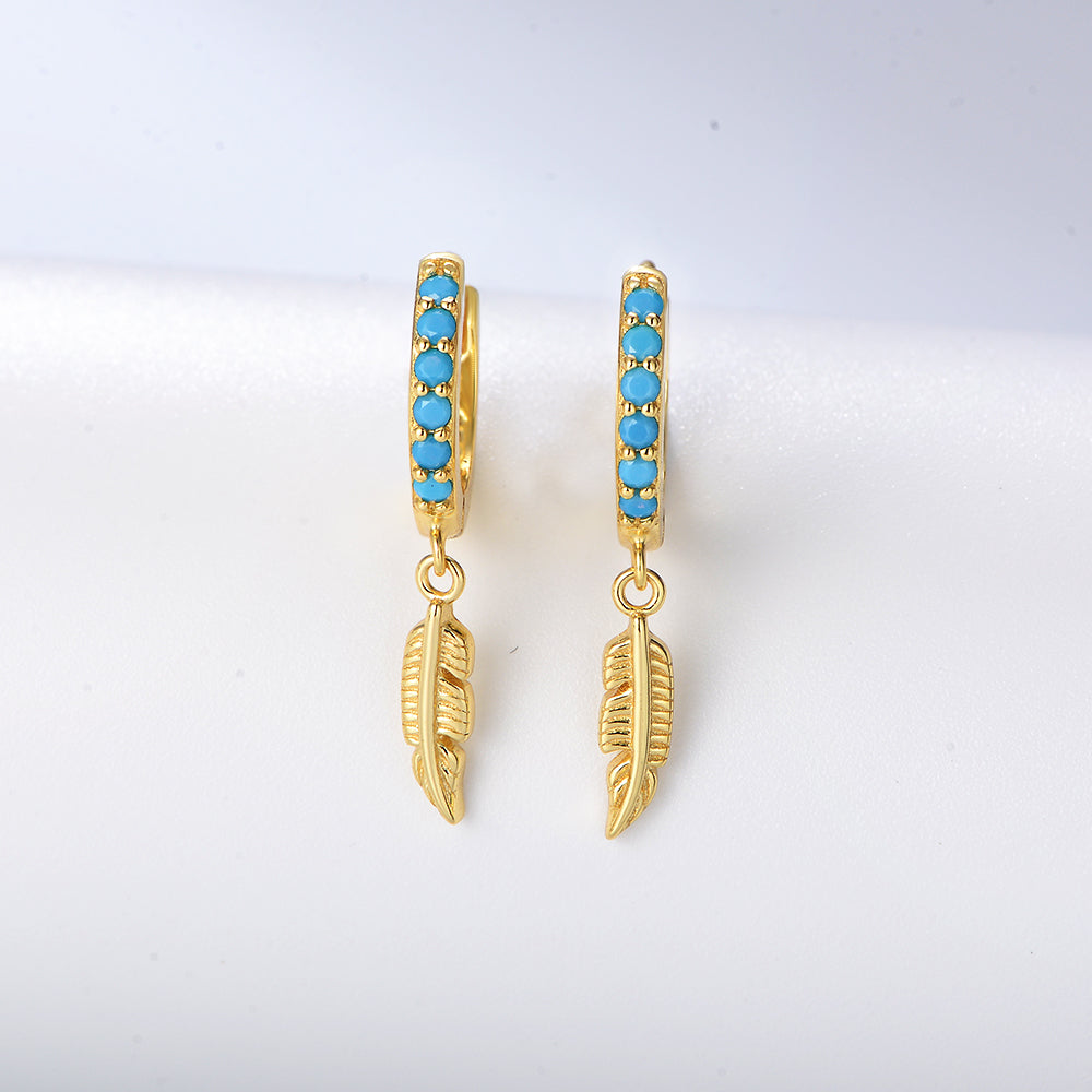 Turquoise Feather Charm Hoop Earrings