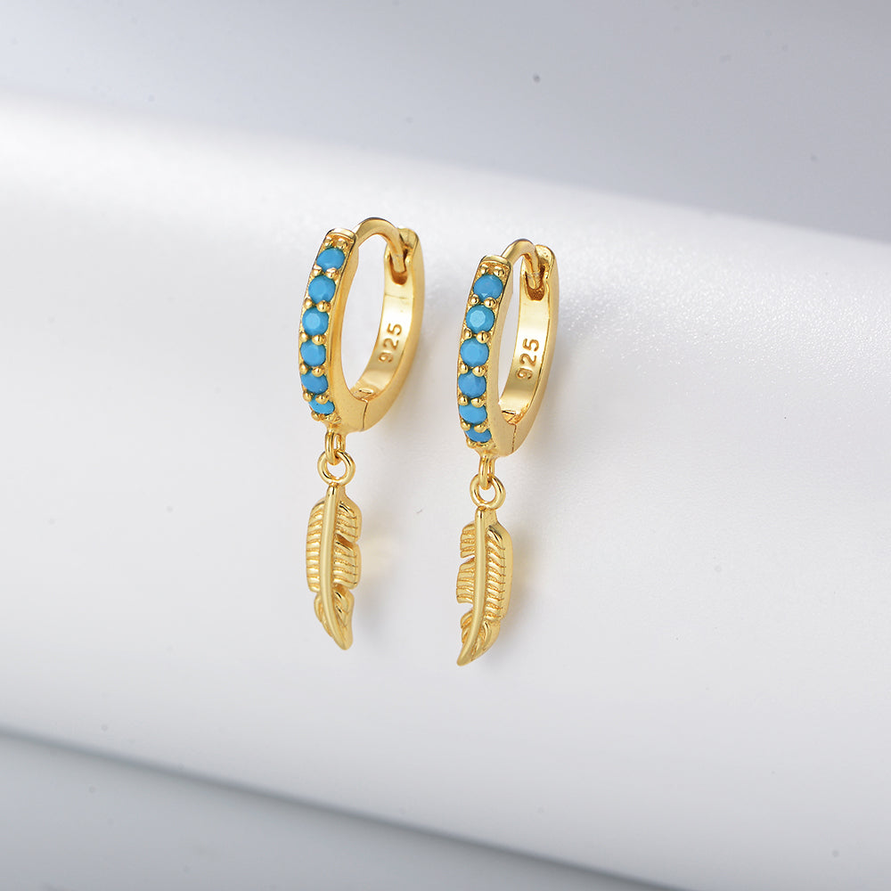 925 Sterling Silver Gold Plated Turquoise Feather Charm Hoop Earrings