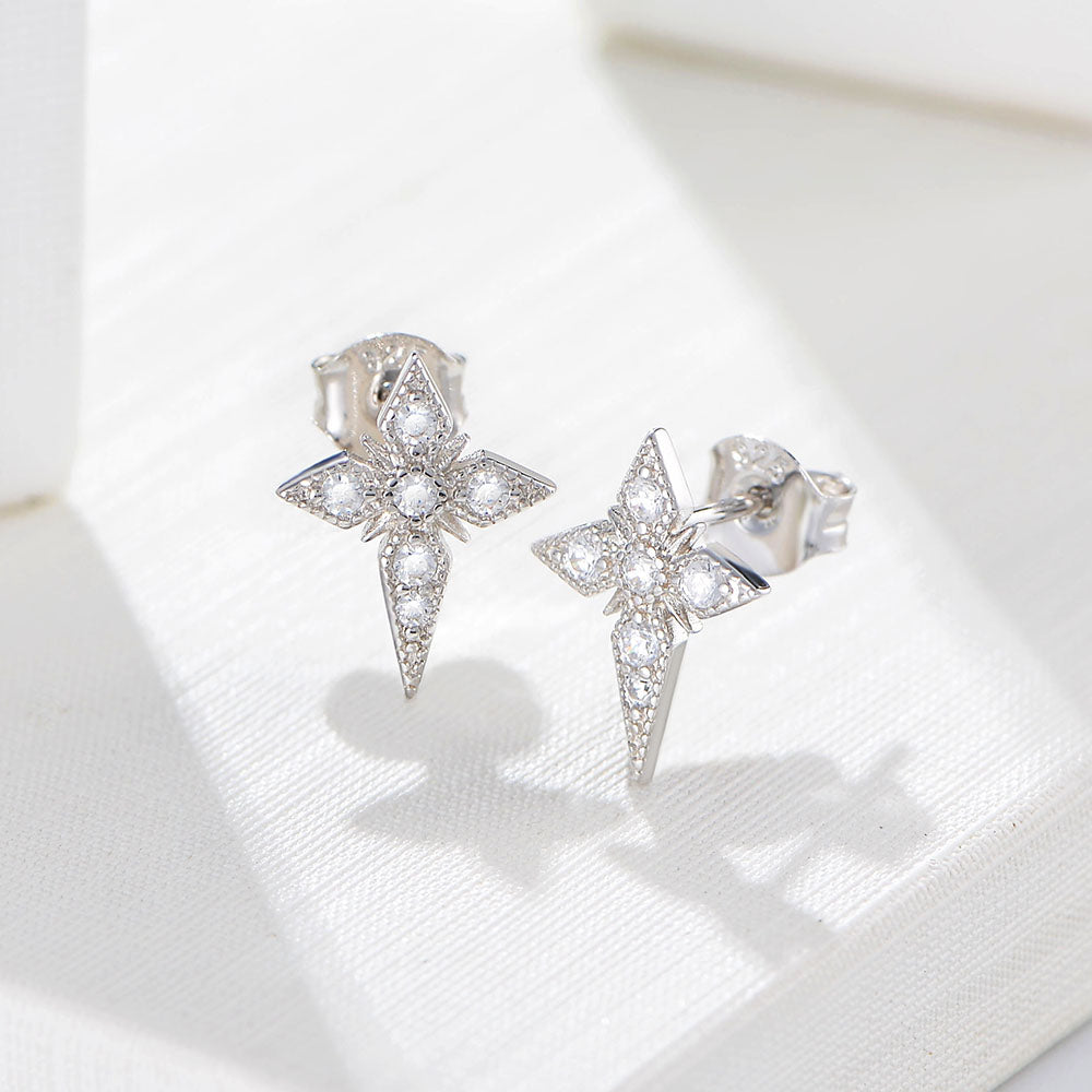 Gold Plated 925 Sterling Silver CZ Diamond Classic Cross Star Stud Earrings